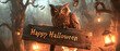 © KOTL - Happy Halloween ! 3D Owl illustration character with pumpkin and ghost in a horror cemetery