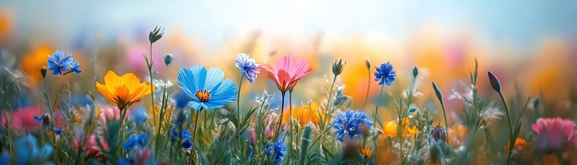 Wall Mural - Vibrant Wildflower Meadow in Bloom with Colorful Blossoms Under a Soft Morning Light