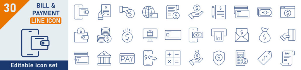 Wall Mural - bill payment line icon set. set of 30 outline icons related to money, atm, cash, document and other.