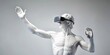 © hobonski - A classical marble statue of a man experiences virtual reality through a modern VR headset, blending the past and future of technology and art.