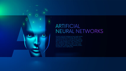 Leinwandbilder - AI or Artificial Intelligence in image face or head woman with lighting brain. Artificial Intelligence technology abstract conceptual banner. Future tech human face. Neural network. AI bot learning.