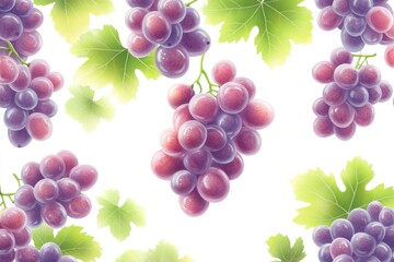 Poster - Grapes and Green Leaves on White Background