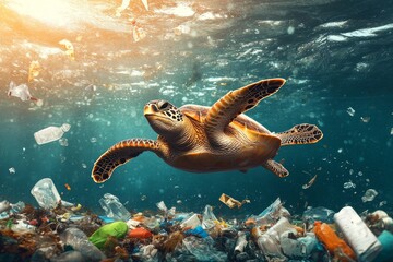 Wall Mural - Plastic pollution in the ocean in the form of a turtle swimming near a plastic bottle or bag.