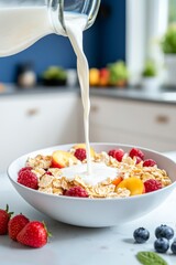 A kitchen scene featuring milk being poured over a bowl of cereal adorned with a mix of fresh raspberries, blueberries, and peach slices, representing a nutritious and delicious breakfast.