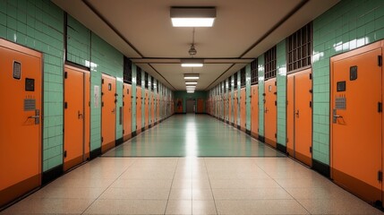 Wall Mural - Hallway of an empty, brightly lit institutional facility with green tiled walls and orange doors, typically resembling a detention or correctional facility.