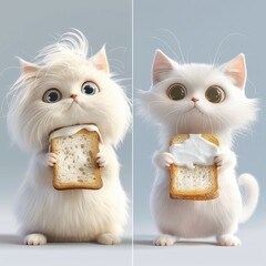 Two images side by side, two white kittens with a piece of white toast, 3D animation character design, cartoon realism, children's book illustration style, White background