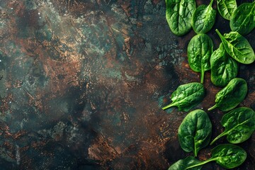 Poster - Fresh spinach leaves on table as healthy green meal snack with rustic background for vegan or vegetarian