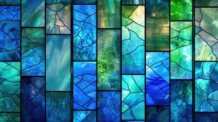 Wall Mural - A continuous background pattern depicting stained glass windows with vivid panels of blues and greens, mimicking the colors of the sea and sky.