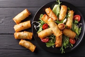 Canvas Print - Fried spring rolls on plate with salad top down view