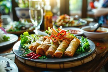 Sticker - Fried spring rolls with chilli on table in focus