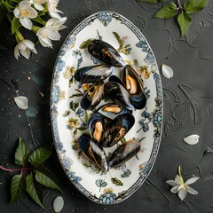 Blue Mussels on Dark Leaves and Flowers Background Top View, Delicacy Seafood Dish