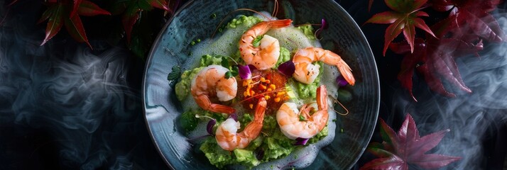 Wall Mural - King Prawns, Tiger Shrimps with Avocado Tartare, Sweet Chili under Lime Juice Foam Top View on Dark