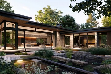 Wall Mural - Modern Home with Pond and Landscaping