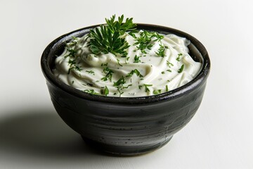 Poster - Grey ceramic bowl with fresh dip sauce and herbs on white background