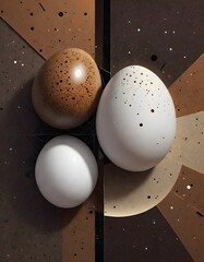 Visually striking arrangement of brown and white eggs against a geometric background, emphasizing their shapes and textures, Generative AI.