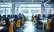 © Kevin - Business people office workers group using pc working talking in big modern coworking space, employees team women men sitting at desks with computers in modern enterprise interior at, Generative AI