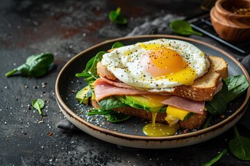 Canvas Print - Ham and egg breakfast sandwich with avocado and spinach on dark plate