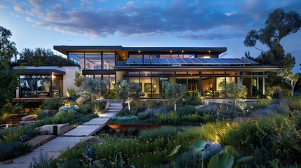 Wall Mural - Modern Luxury Home with Lush Gardens and Solar Panels at Dusk