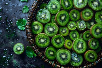 Fresh Green Kiwi Slices in Wicker Basket - Healthy Eating and Food Photography for Design, Print, Card, Poster