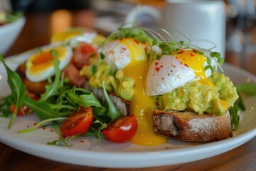 Wall Mural - Healthy breakfast open brioche sandwich with avocado poached egg arugula and tomato Toast with guacamole vegetables and poached egg eggs benedict with br