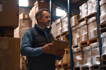 A man in a vest is standing in a warehouse with a clipboard in his hand