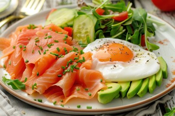 Sticker - Healthy morning breakfast plate with poached egg salmon avocado and salad