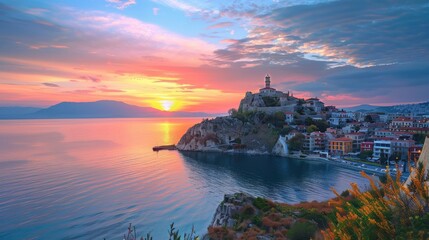 Poster - A beautiful sunset over the ocean with a small town in the background