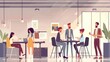 © Kevin - Business People Characters in Coworking Place. Businessman and Businesswoman Working, Discussing and Meeting in Open Space Office. Coworkers and Freelancers Team. Flat Cartoon , Generative AI