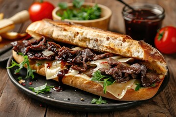 Poster - Homemade beef and cheese sandwich on wooden table