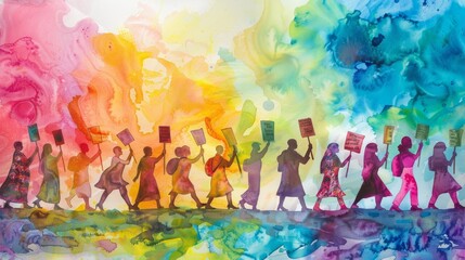 Women marching for change in a vibrant watercolor landscape