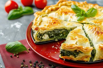 Poster - Homemade Greek spinach pie on red plate gray stone background