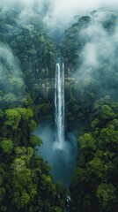 Poster - A waterfall is surrounded by trees and the sky is cloudy