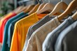 © LimeSky - Horizontal banner crop of clothing rack with women s clothes hanging for sale Colorful t shirt selection in home or mall closet
