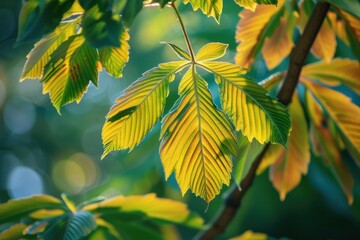 Poster - Horse chestnut leaves dry and curl due to heat and drought changing color from green to brown in early autumn