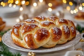 Challah braided bread on a plate closeup on festive decorated table. 