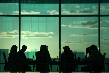 Wall Mural - Silhouettes of people against the window. A team of young businessman working and communicating together in an office. Corporate business team and manager in a, Generative AI