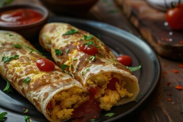 Wall Mural - Indian kid friendly recipe Egg Chapati roll served with ketchup