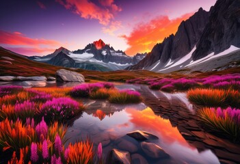 breathtaking mountain peaks bathed vibrant sunset hues radiant colors stunning natural beauty, alpine, backdrop, bright, cloud, colorful, contrast, dramatic, dusk