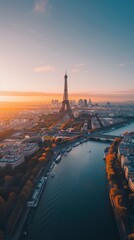 The city of Paris is shown in a beautiful orange and blue sky