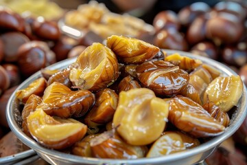 Wall Mural - Popular Chinese street snacks include chestnuts and sugar fried chestnuts with a sweet taste Close up of peeled chestnut