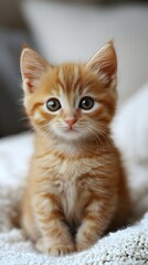 a cute orange tabby kitten sits on a white blanket looking at the camera with big, curious eyes.