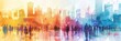 © Tida - A colorful watercolor illustration depicting a city skyline with people walking, symbolizing urban life, community, diversity, movement, and progress.