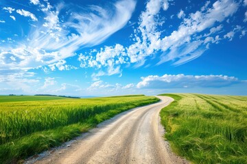 rural landscape of green wheat fields and blue sky with clouds on a country gravel road
