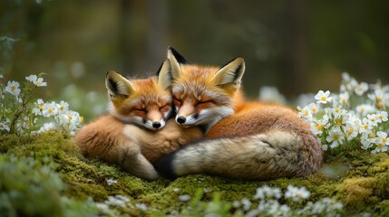 Two Adorable Red Foxes Cuddle in a Lush Green Forest