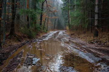 Sticker - Rural muddy road with puddles in wooded area after rain