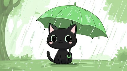 Wall Mural - This cute cat is enjoying a rainy day, holding an umbrella with a playful expression to brighten up the dark atmosphere.