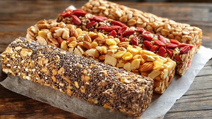 Sticker - A variety of granola bars are displayed on a table. The bars are different colors and flavors, including chocolate, strawberry, and nuts. The presentation is visually appealing and inviting