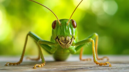 Grasshopper wearing pearl earring in close-up.