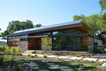 Wall Mural - Modern House with Solar Panels and Stone Facade