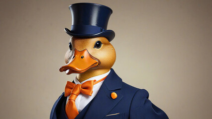 a duck wearing a top hat and a suit with a tie.